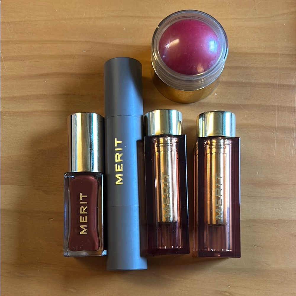 Merit Beauty Set with Lipsticks, foundation in Silk, Lip Oil, and Blush